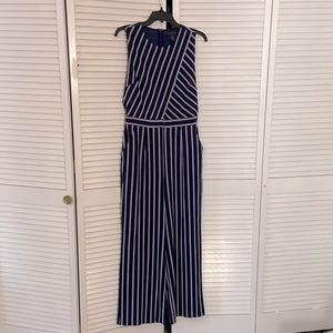 Tahari Navy Blue and White Striped Jumpsuit